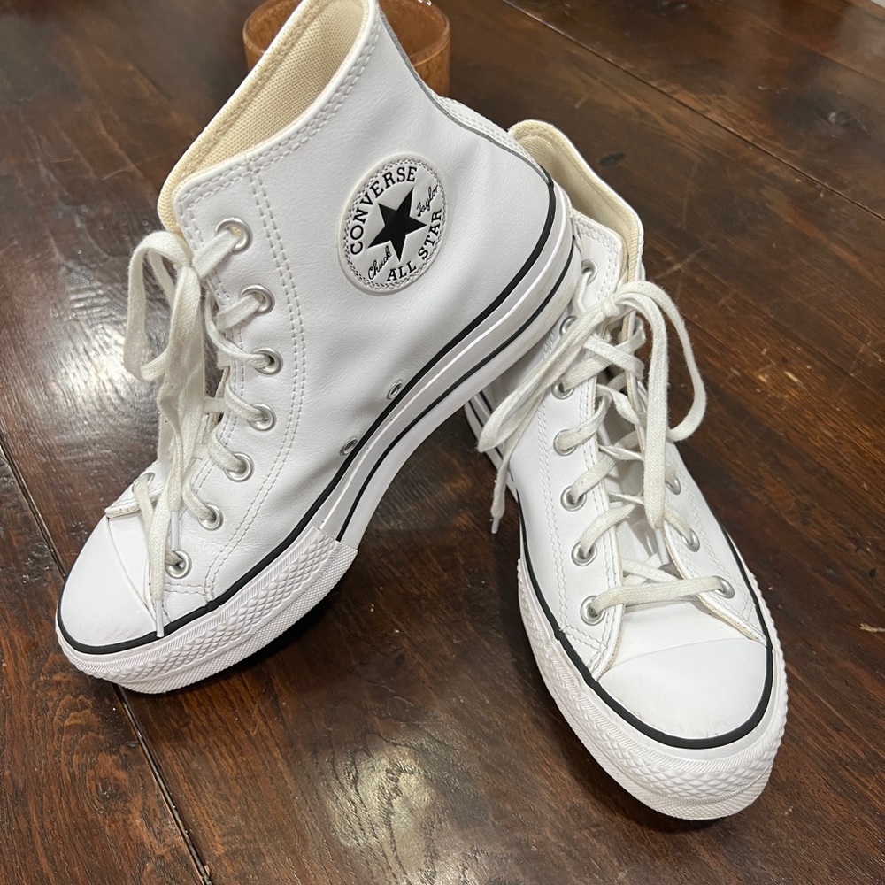 Converse white leather platform high top sneakers women’s 8.5